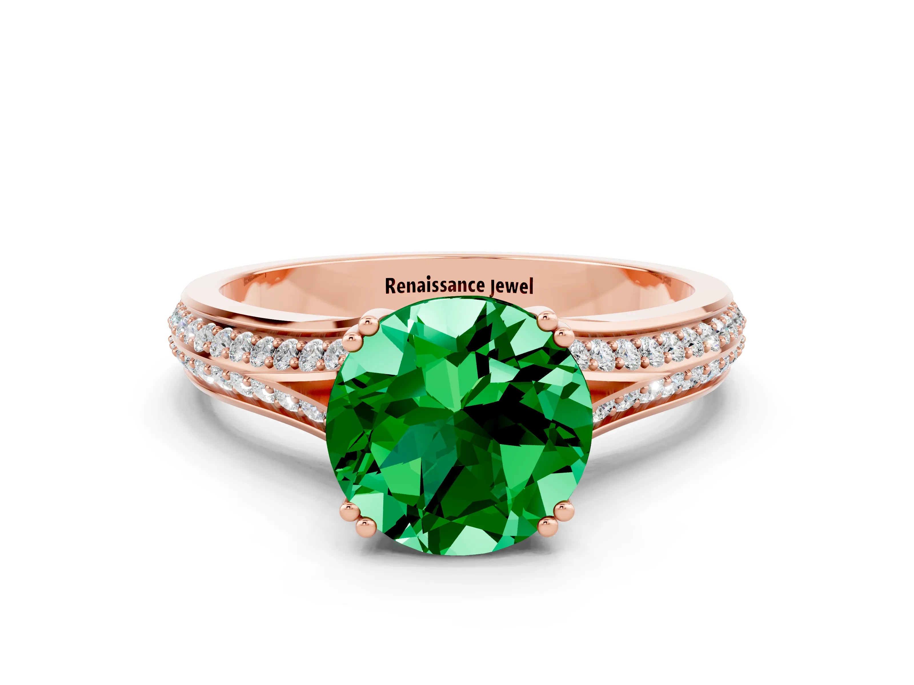 Rose gold Round Cut Emerald Split Shank Engagement Ring with Pavé Band