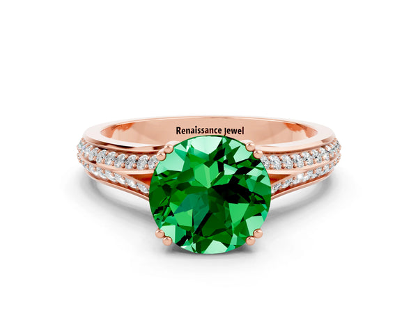 Rose gold Round Cut Emerald Split Shank Engagement Ring with Pavé Band