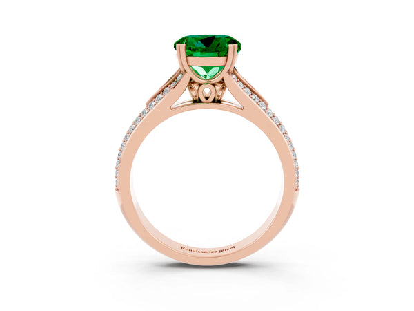 Rose gold Round Cut Emerald Split Shank Engagement Ring with Pavé Band