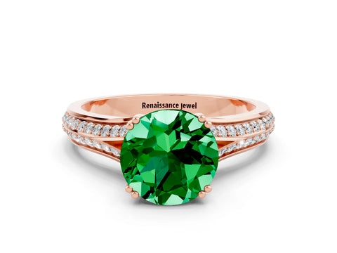 Rose gold Round Cut Emerald Split Shank Engagement Ring with Pavé Band