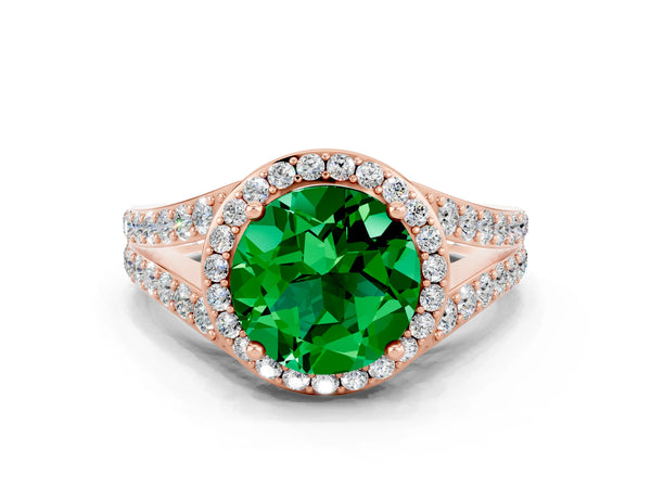 Rose gold Round Cut Emerald Split Shank Halo Ring with Four-Prong Setting