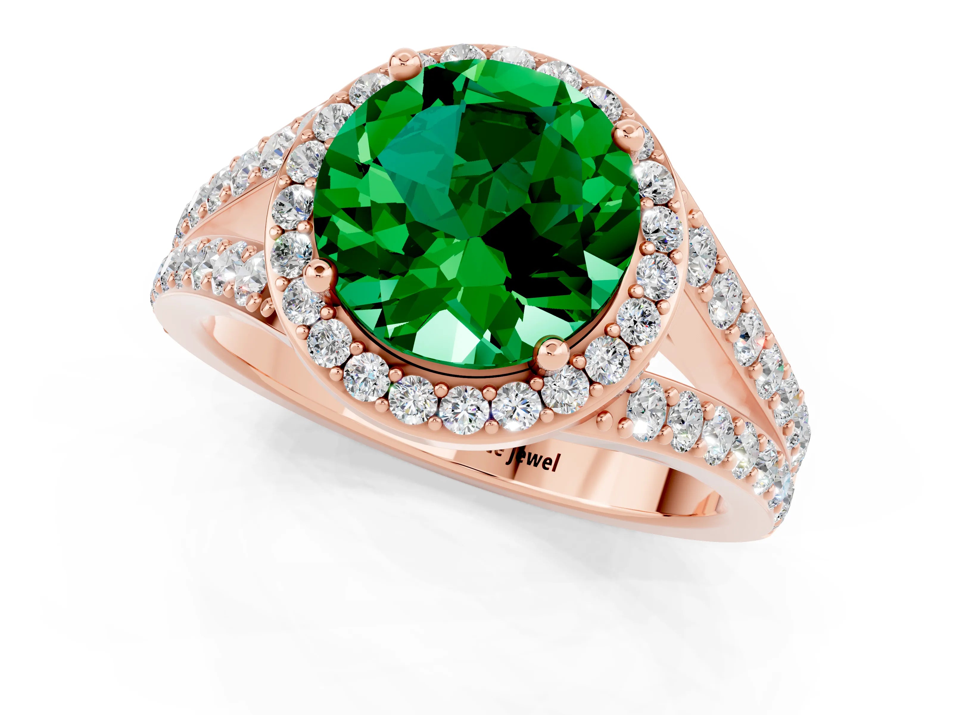 Rose gold Round Cut Emerald Split Shank Halo Ring with Four-Prong Setting_13