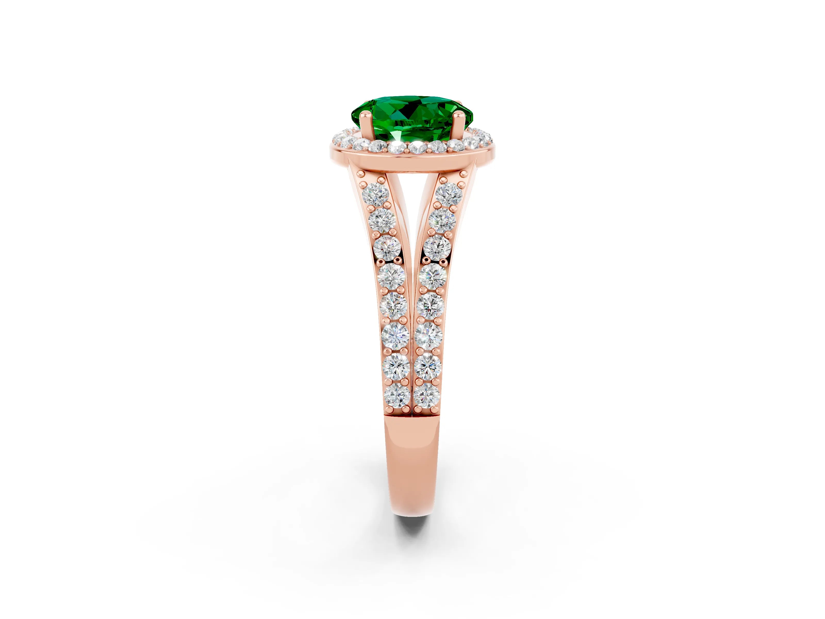 Rose gold Round Cut Emerald Split Shank Halo Ring with Four-Prong Setting_14