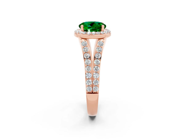 Rose gold Round Cut Emerald Split Shank Halo Ring with Four-Prong Setting
