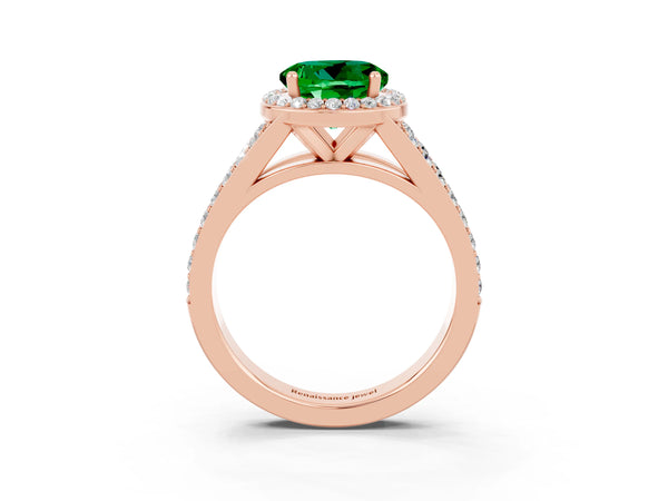 Rose gold Round Cut Emerald Split Shank Halo Ring with Four-Prong Setting