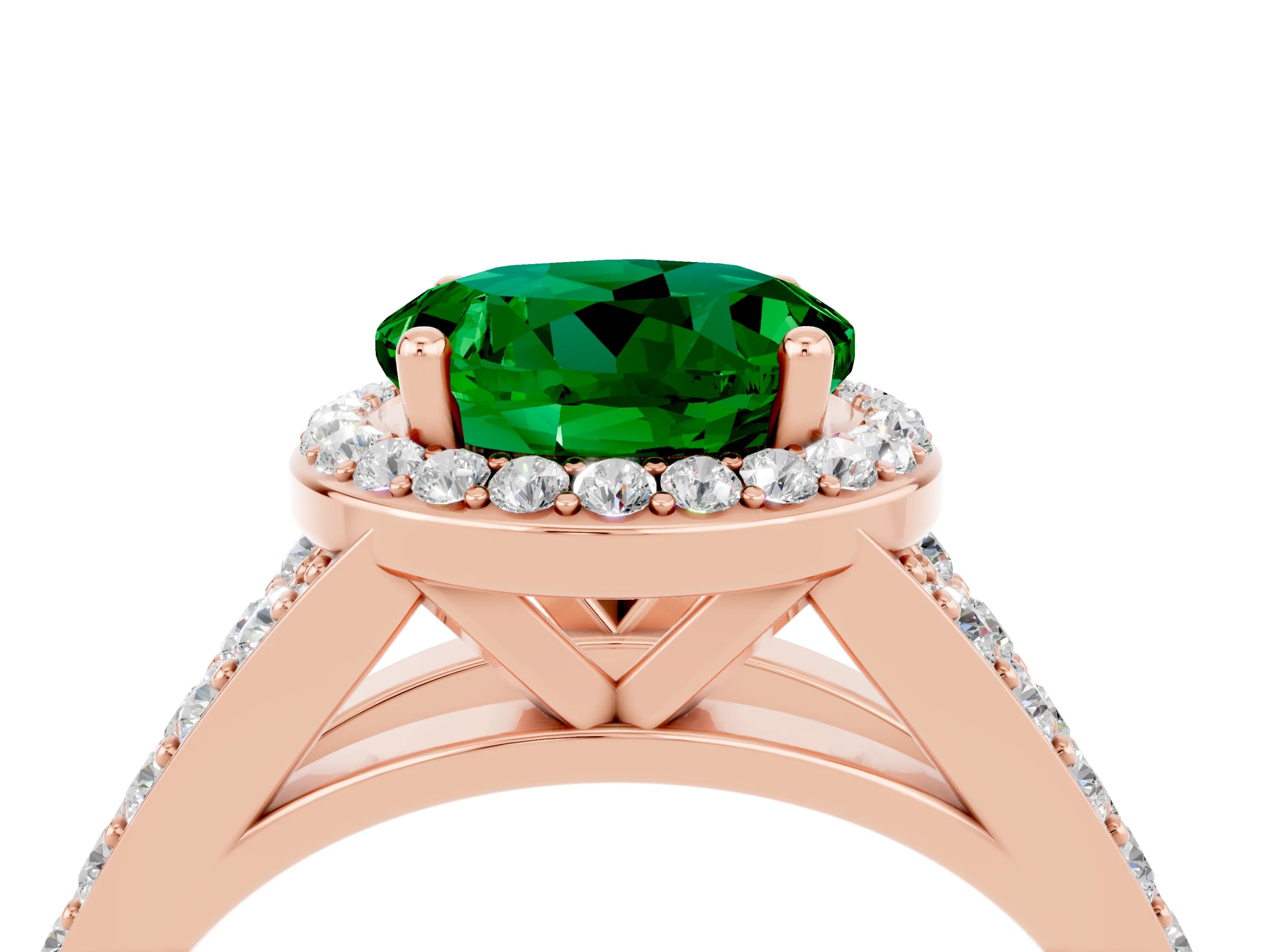 Rose gold Round Cut Emerald Split Shank Halo Ring with Four-Prong Setting_16
