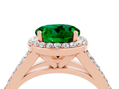 Rose gold Round Cut Emerald Split Shank Halo Ring with Four-Prong Setting_16
