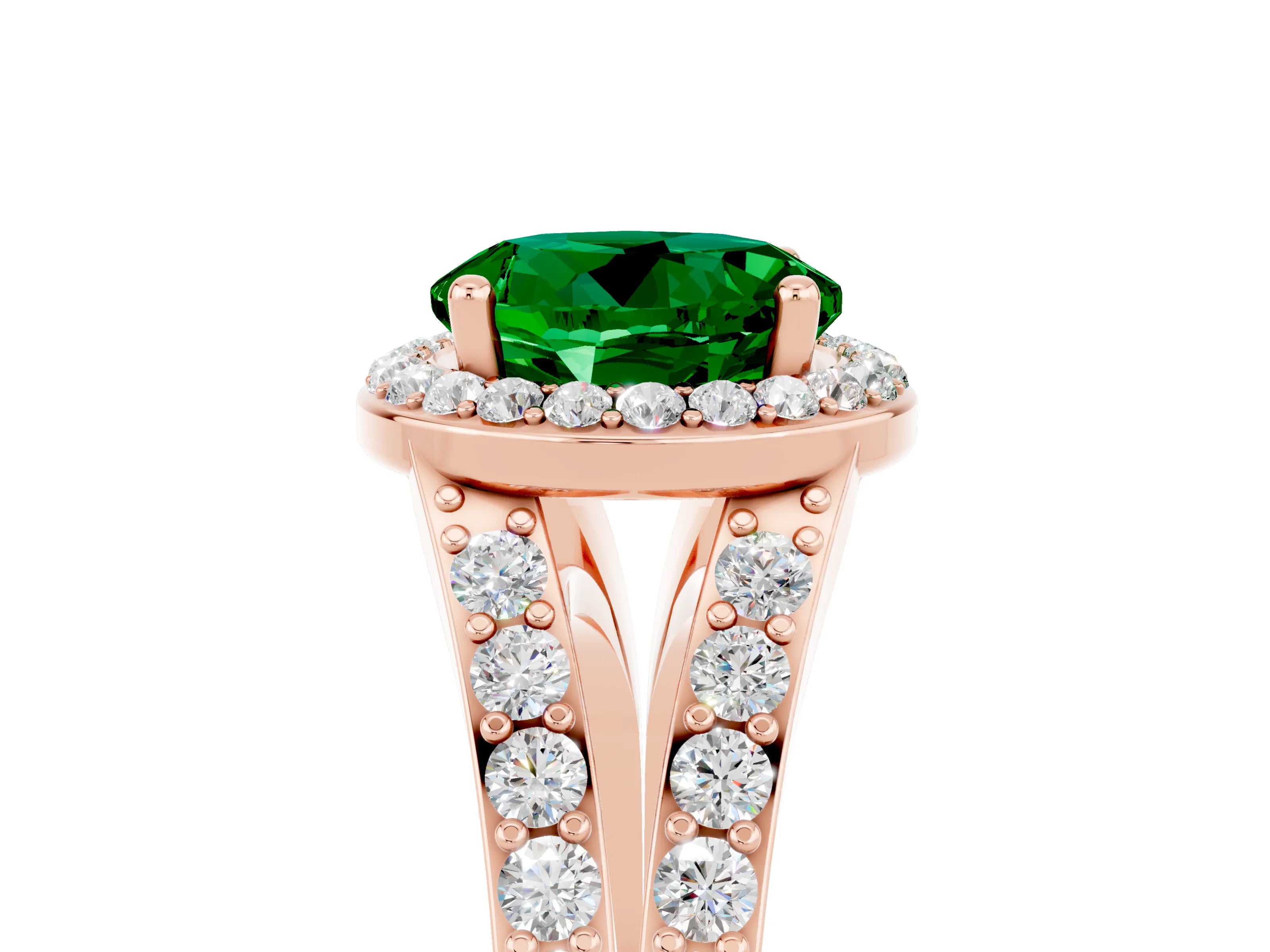 Rose gold Round Cut Emerald Split Shank Halo Ring with Four-Prong Setting_17