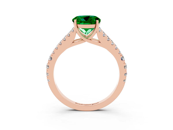 Rose gold Round Cut Emerald Split Shank Pavé Engagement Ring with Four-Prong Setting