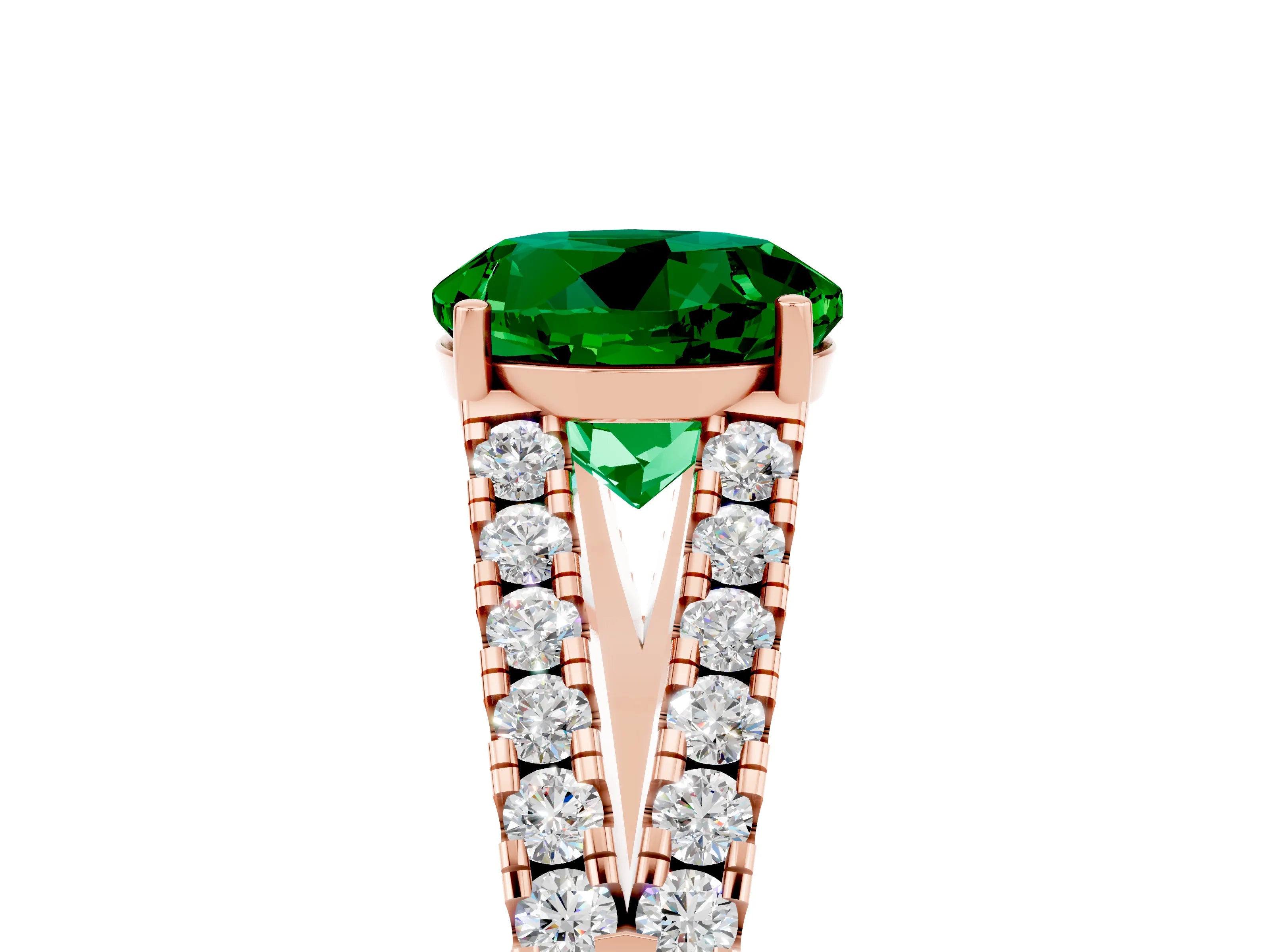 Rose gold Round Cut Emerald Split Shank Pavé Engagement Ring with Four-Prong Setting_17
