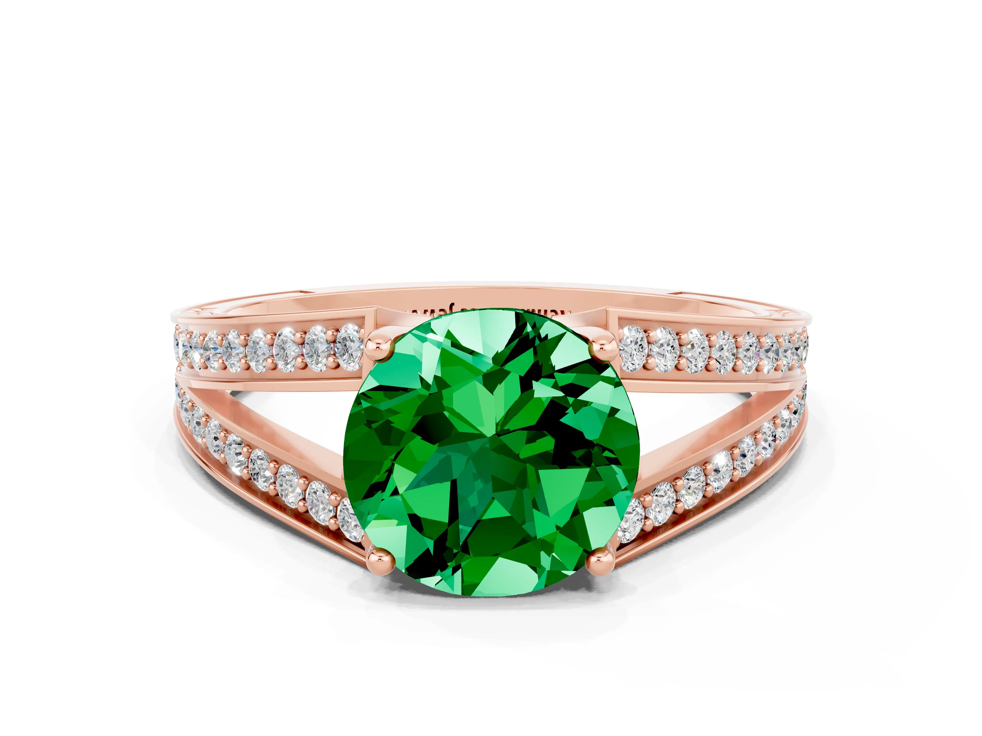 Rose gold Round Cut Emerald Split Shank Ring with Pavé Band and Four-Prong Setting