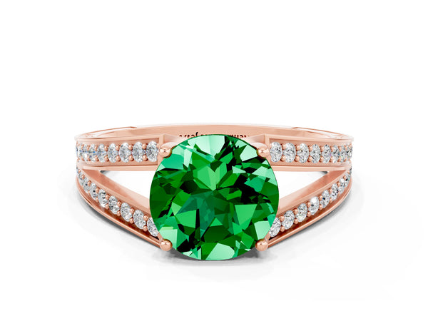 Rose gold Round Cut Emerald Split Shank Ring with Pavé Band and Four-Prong Setting