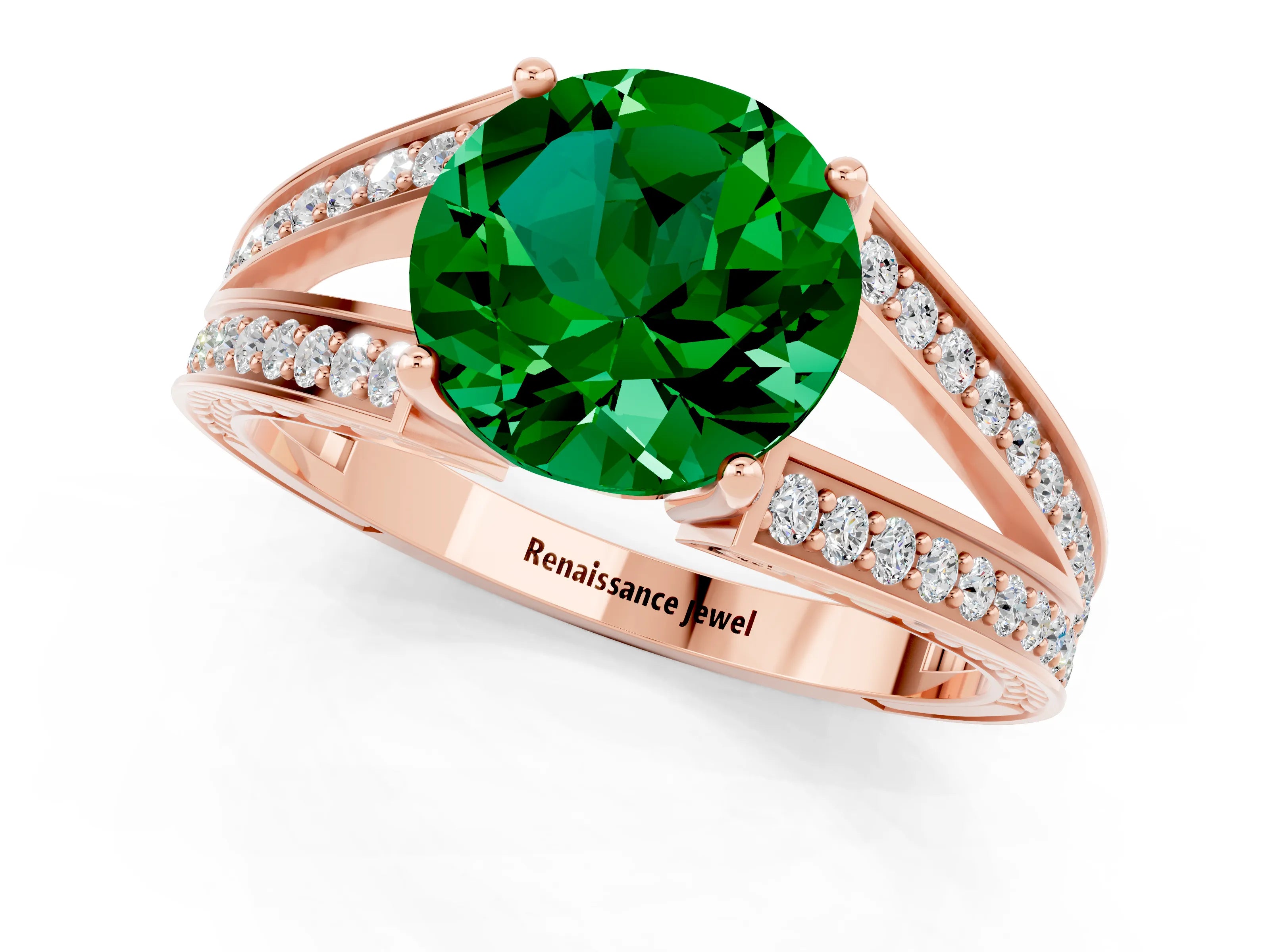 Rose gold Round Cut Emerald Split Shank Ring with Pavé Band and Four-Prong Setting_1
