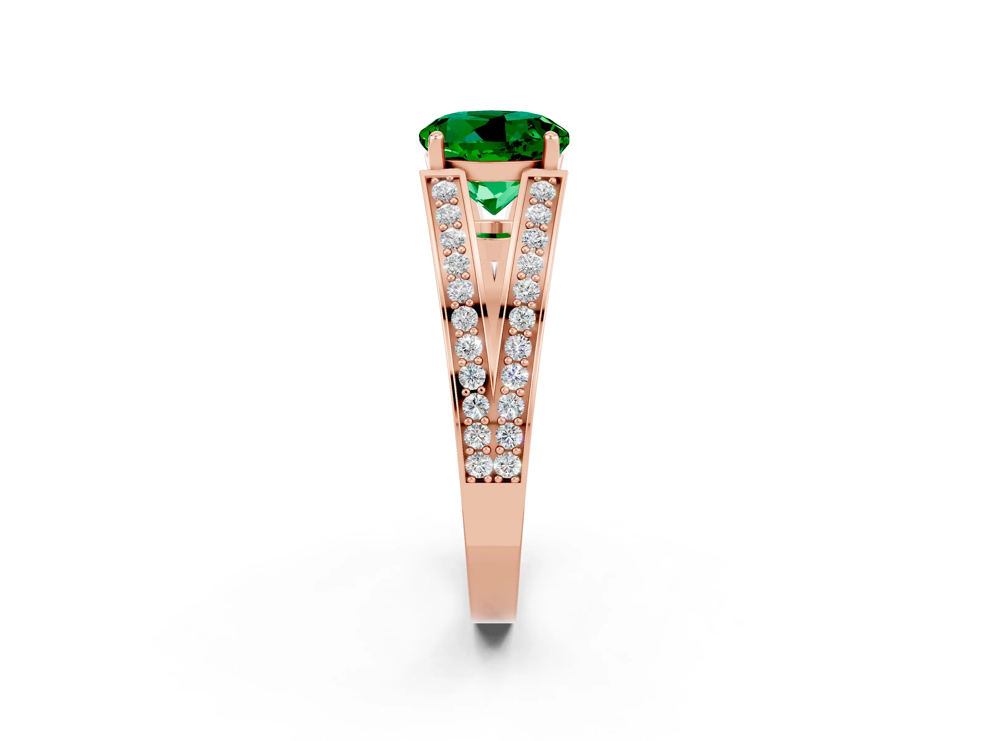 Rose gold Round Cut Emerald Split Shank Ring with Pavé Band and Four-Prong Setting_2