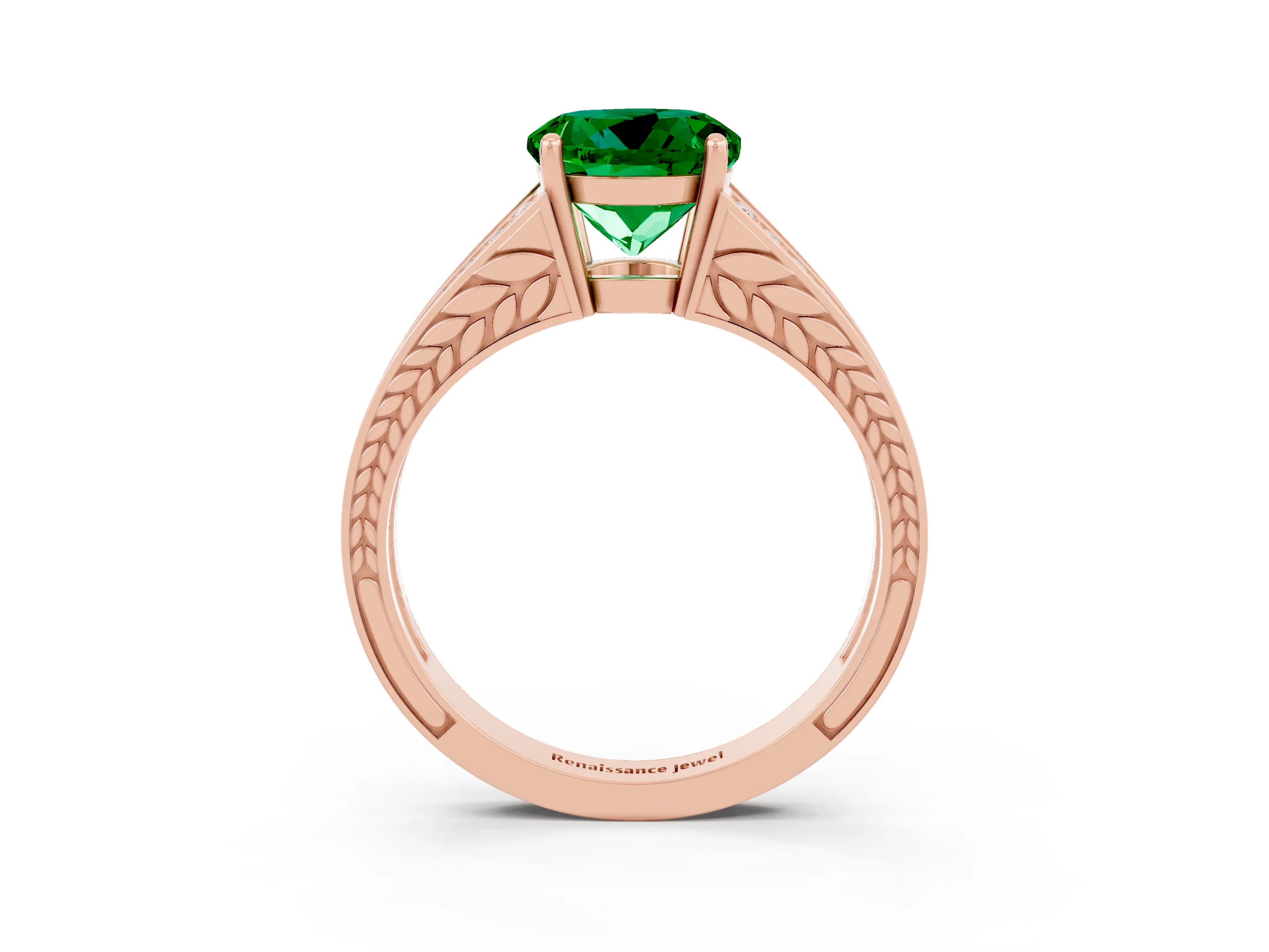 Rose gold Round Cut Emerald Split Shank Ring with Pavé Band and Four-Prong Setting_3