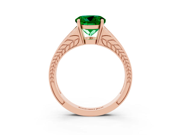 Rose gold Round Cut Emerald Split Shank Ring with Pavé Band and Four-Prong Setting