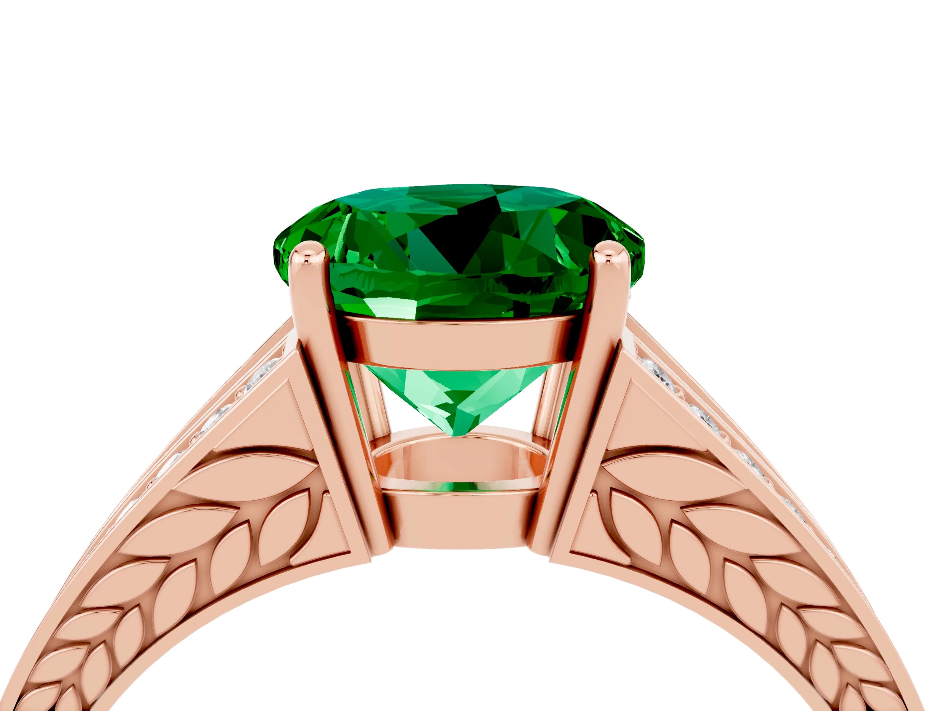 Rose gold Round Cut Emerald Split Shank Ring with Pavé Band and Four-Prong Setting_4