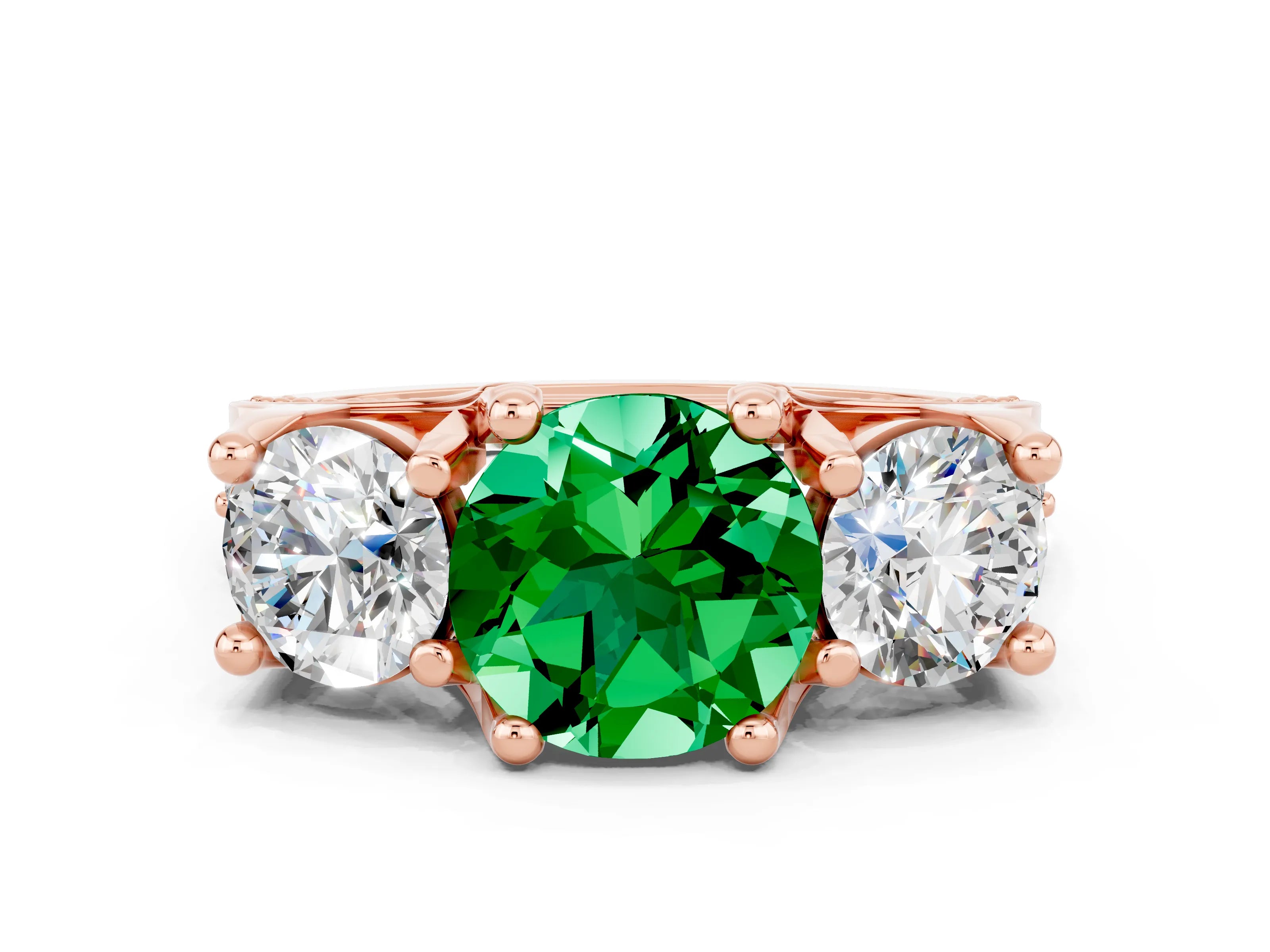 Rose gold Round Cut Emerald Three-Stone Ring with Channel Set Band and Four-Prong Setting