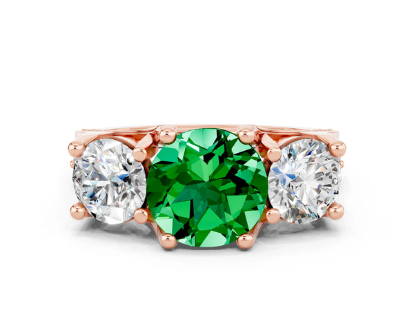 Rose gold Round Cut Emerald Three-Stone Ring with Channel Set Band and Four-Prong Setting