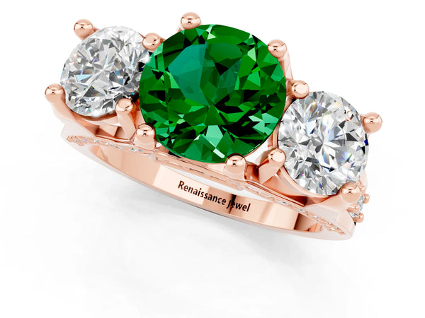 Rose gold Round Cut Emerald Three-Stone Ring with Channel Set Band and Four-Prong Setting