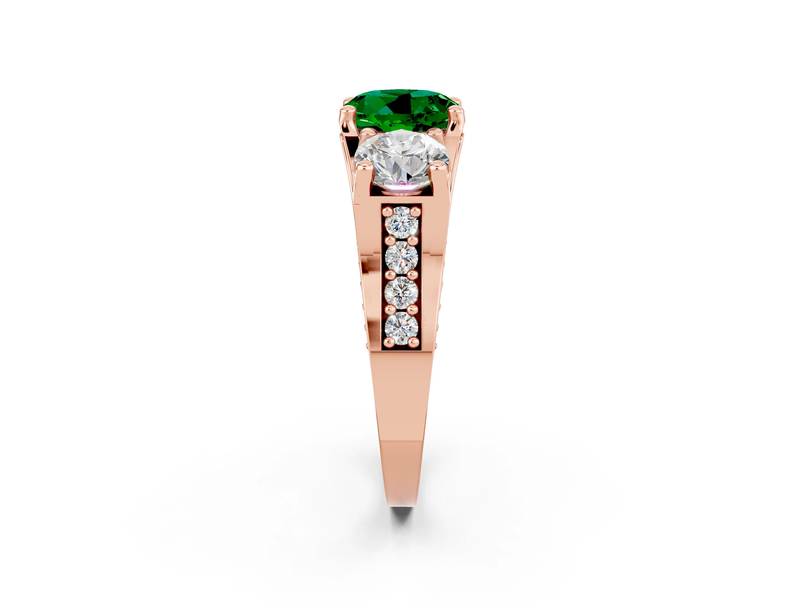 Rose gold Round Cut Emerald Three-Stone Ring with Channel Set Band and Four-Prong Setting_2