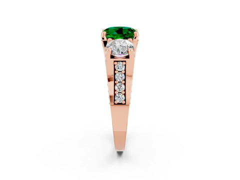 Rose gold Round Cut Emerald Three-Stone Ring with Channel Set Band and Four-Prong Setting_2
