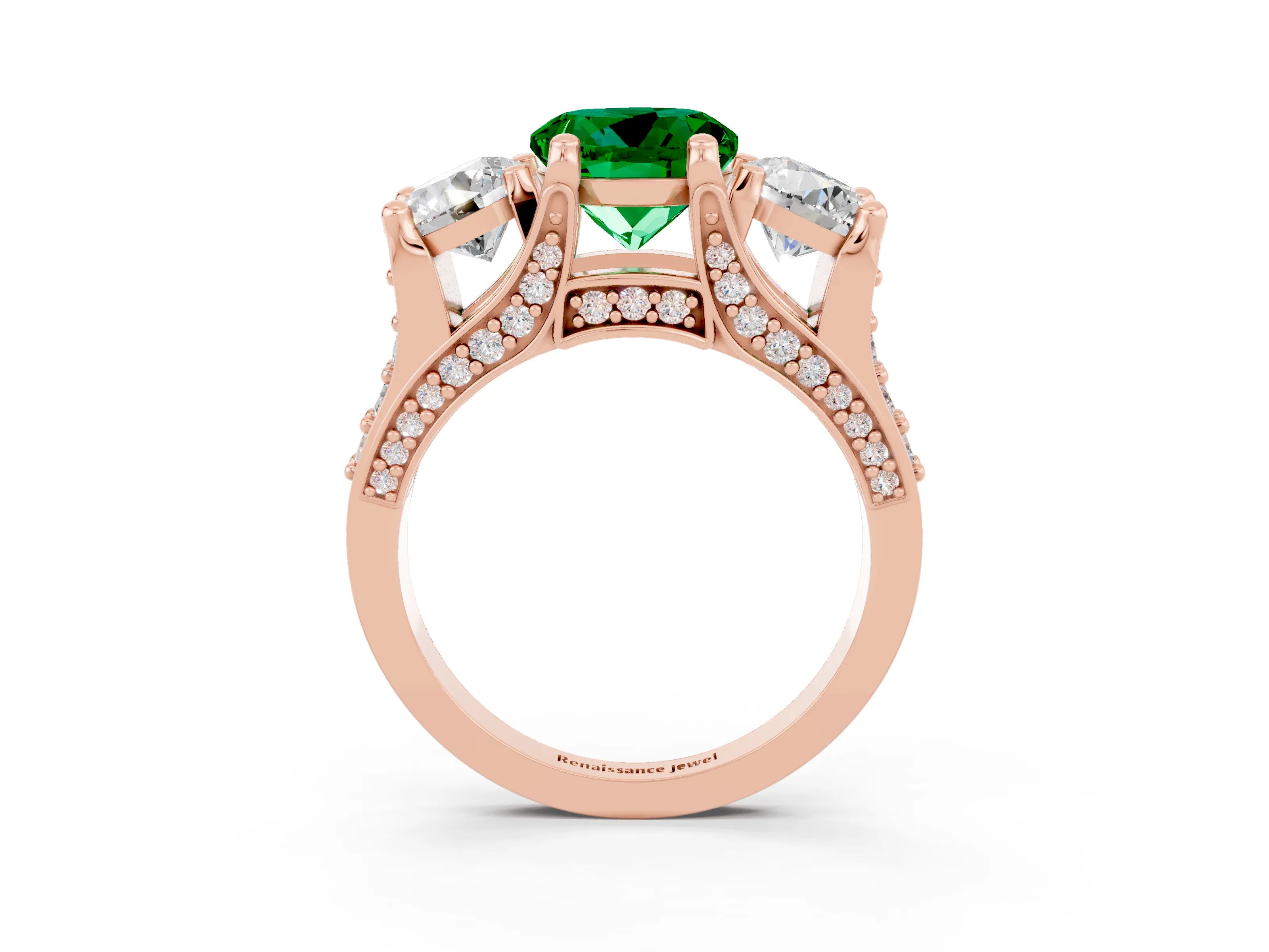 Rose gold Round Cut Emerald Three-Stone Ring with Channel Set Band and Four-Prong Setting_3