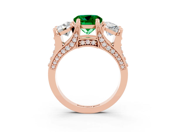 Rose gold Round Cut Emerald Three-Stone Ring with Channel Set Band and Four-Prong Setting