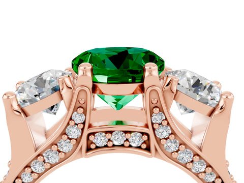 Rose gold Round Cut Emerald Three-Stone Ring with Channel Set Band and Four-Prong Setting_4