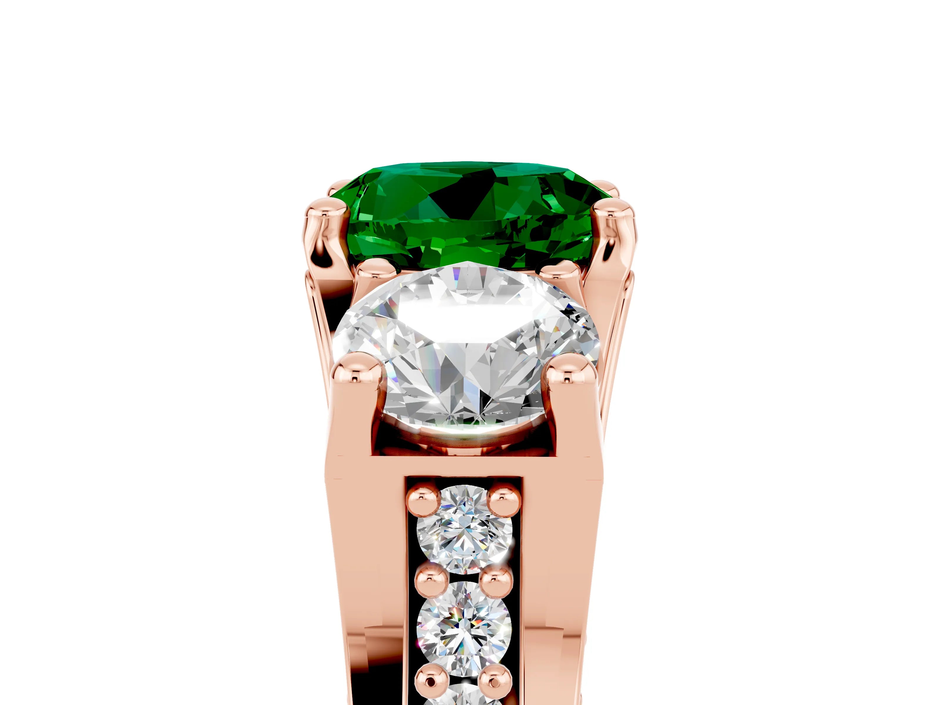 Rose gold Round Cut Emerald Three-Stone Ring with Channel Set Band and Four-Prong Setting_5
