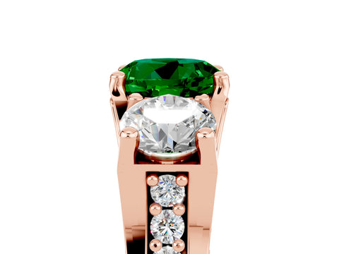 Rose gold Round Cut Emerald Three-Stone Ring with Channel Set Band and Four-Prong Setting_5