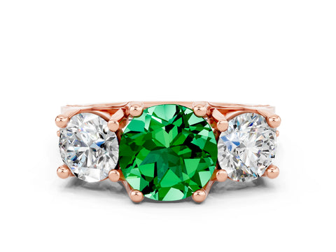 Rose gold Round Cut Emerald Three-Stone Ring with Channel Set Band and Four-Prong Setting