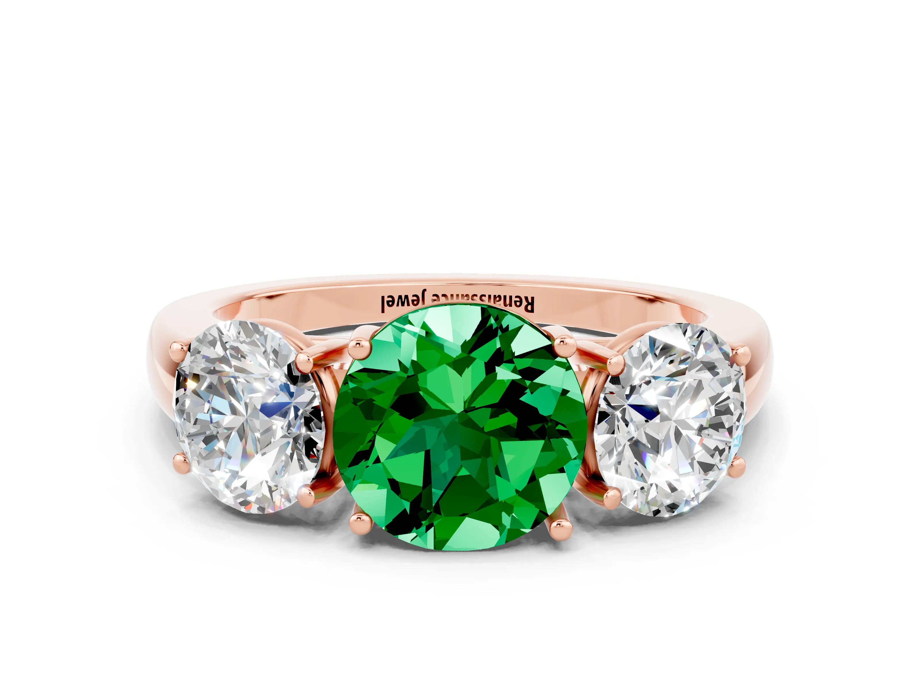 Rose gold Round Cut Emerald Three-Stone Ring with Four-Prong Setting and Classic Band