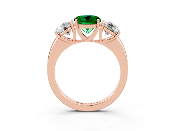 Rose gold Round Cut Emerald Three-Stone Ring with Four-Prong Setting and Classic Band