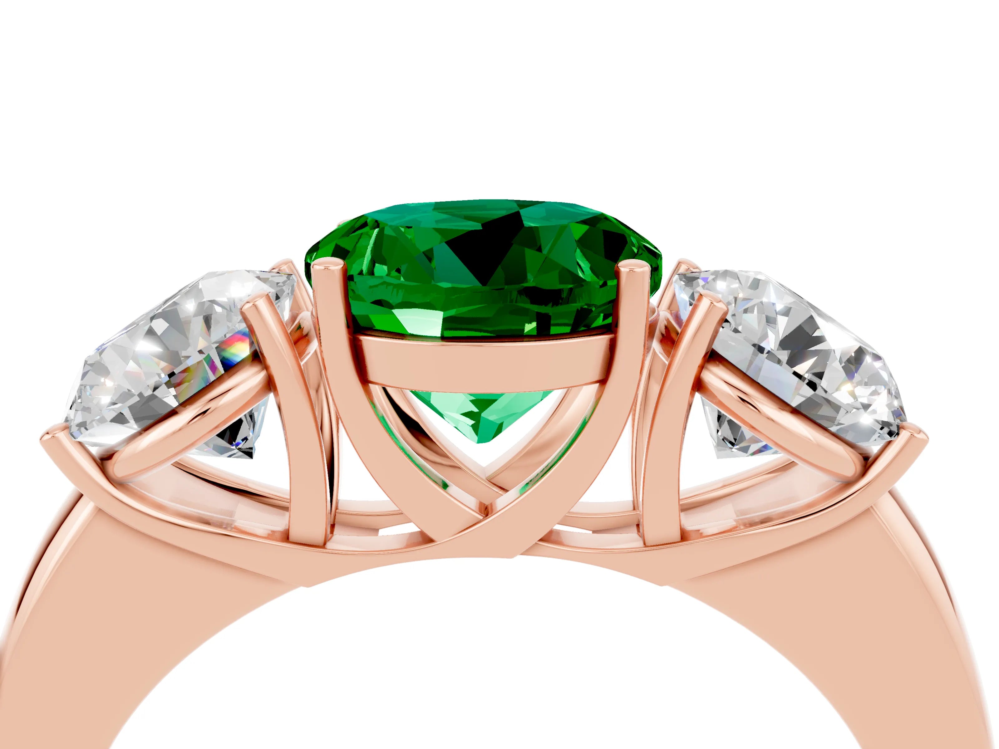 Rose gold Round Cut Emerald Three-Stone Ring with Four-Prong Setting and Classic Band_4