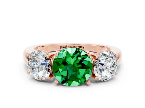 Rose gold Round Cut Emerald Three-Stone Ring with Four-Prong Setting and Classic Band