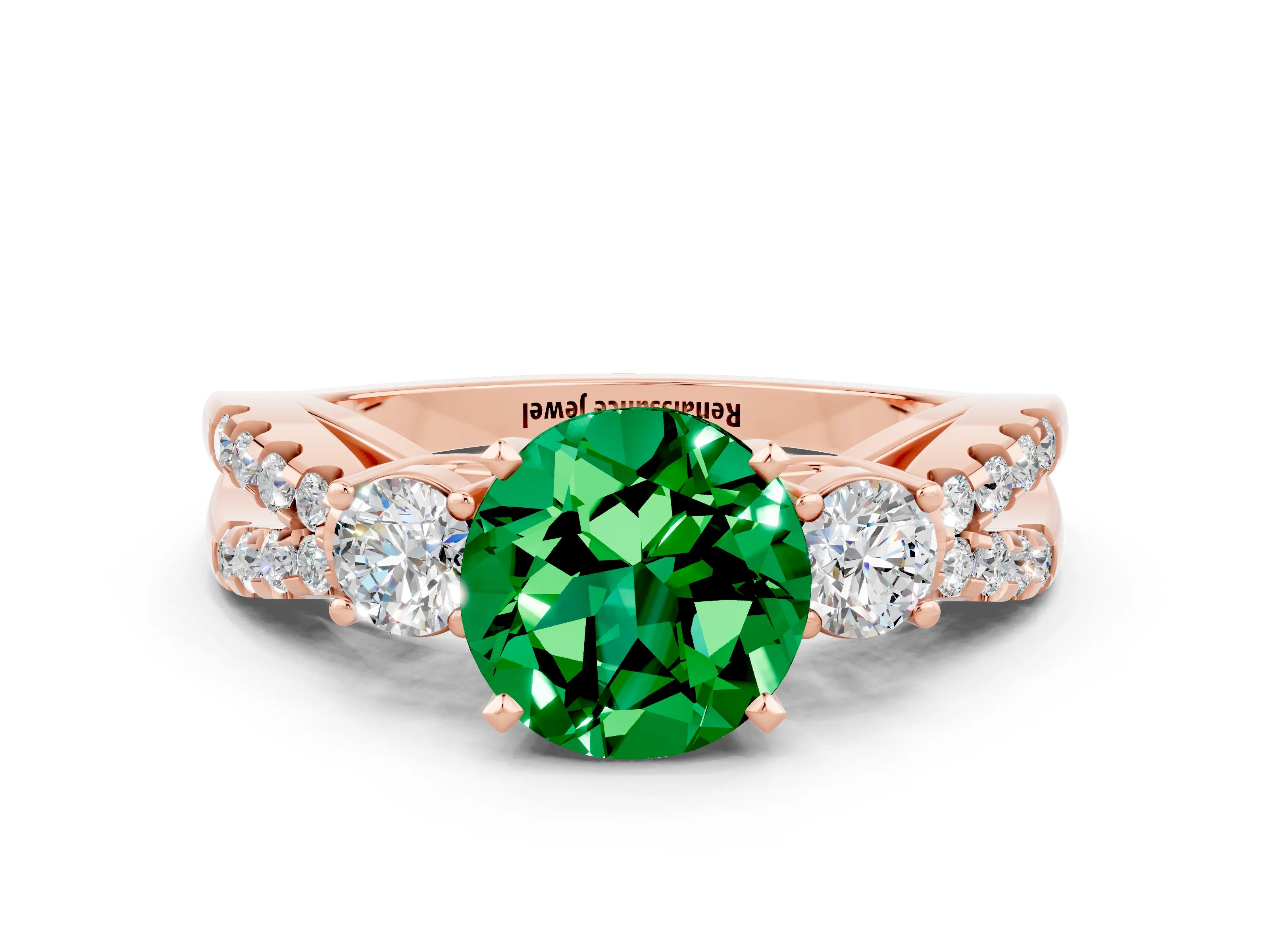 Rose gold Round Cut Emerald Three-Stone Ring with Pavé Split Shank and Four-Prong Setting