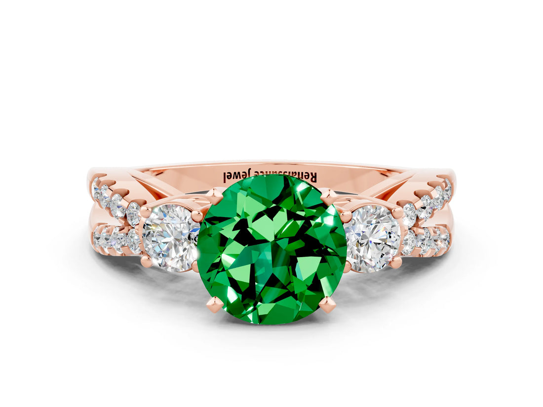 Rose gold Round Cut Emerald Three-Stone Ring with Pavé Split Shank and Four-Prong Setting