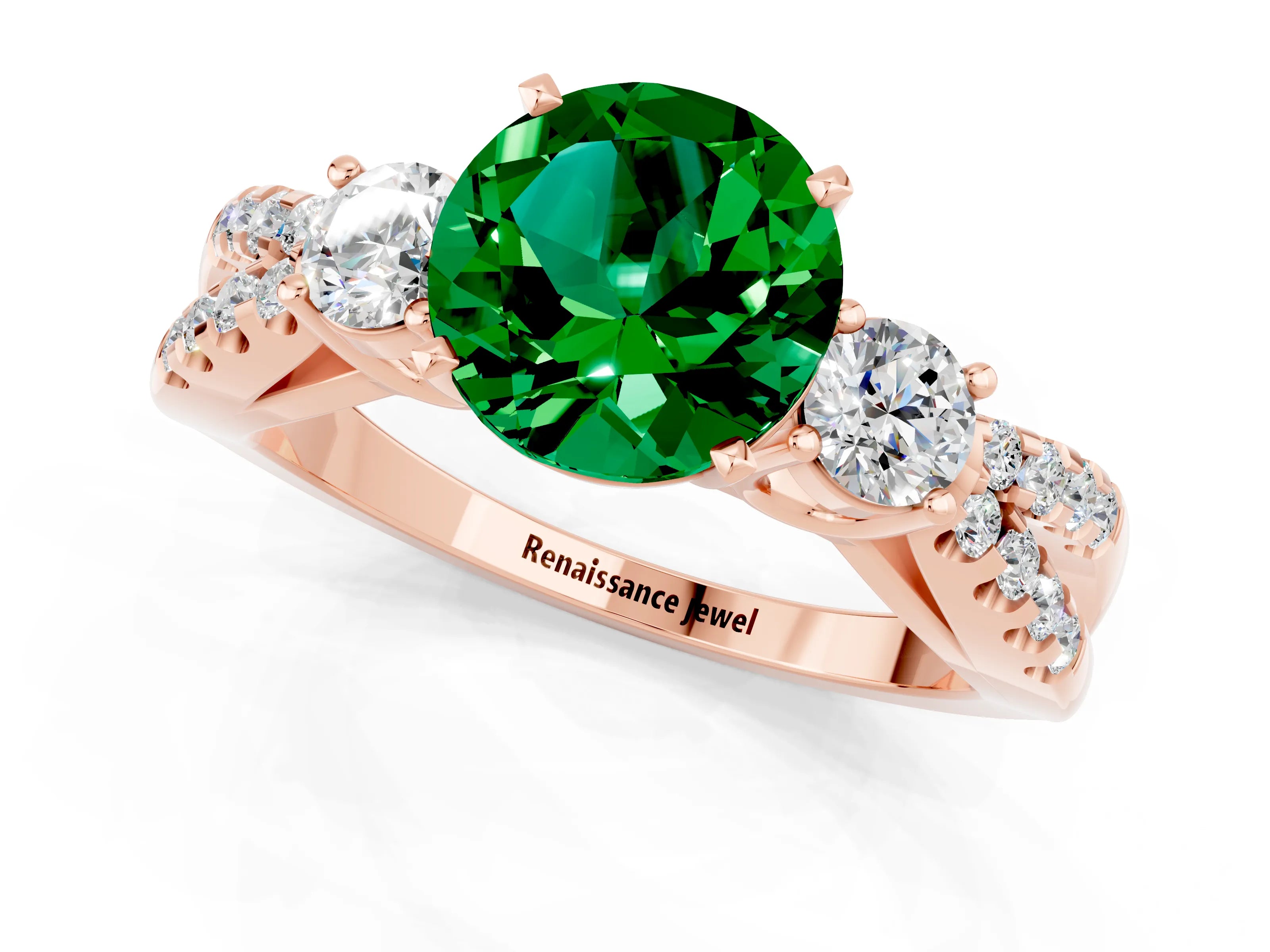 Rose gold Round Cut Emerald Three-Stone Ring with Pavé Split Shank and Four-Prong Setting_1