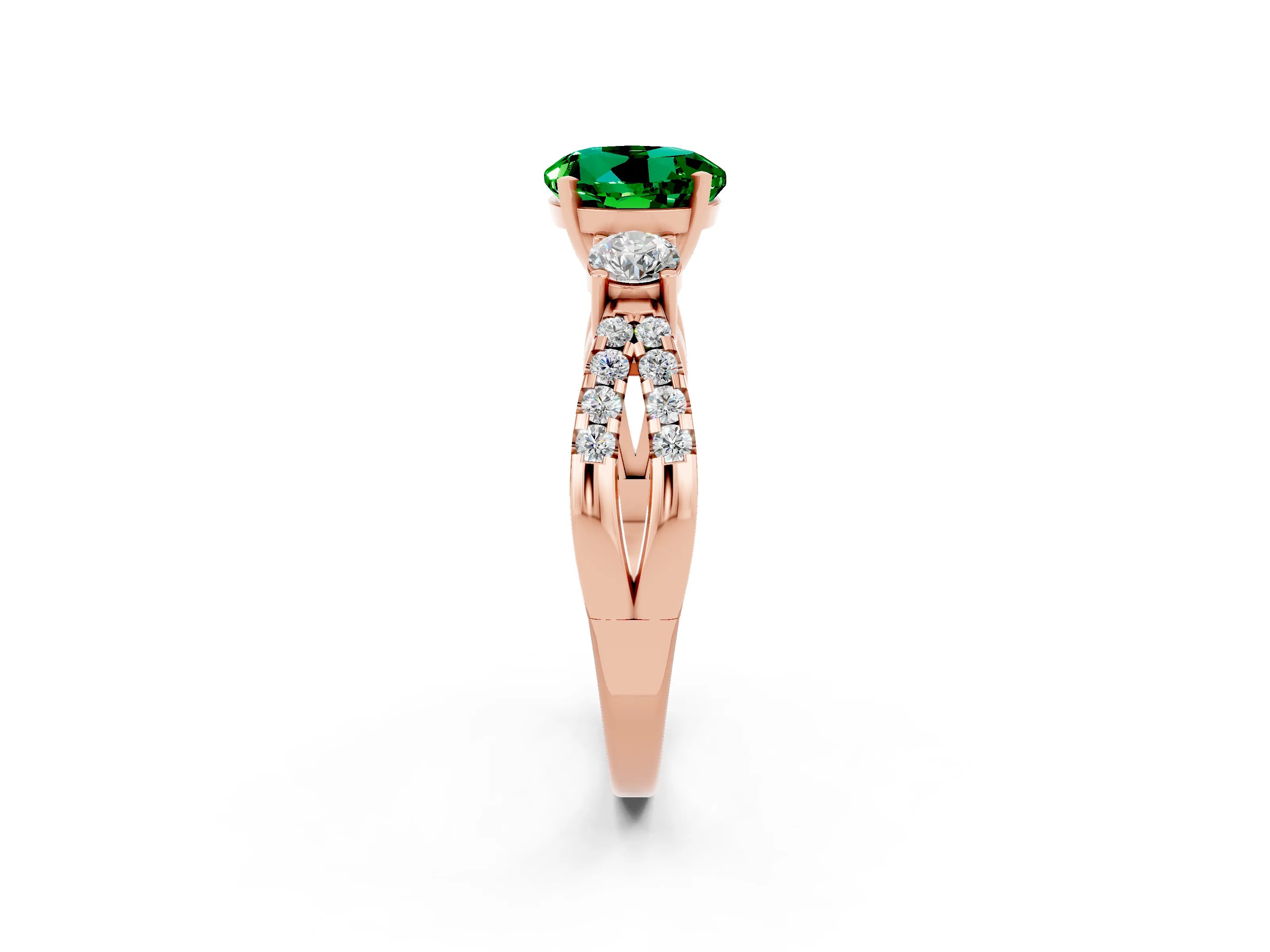 Rose gold Round Cut Emerald Three-Stone Ring with Pavé Split Shank and Four-Prong Setting_2