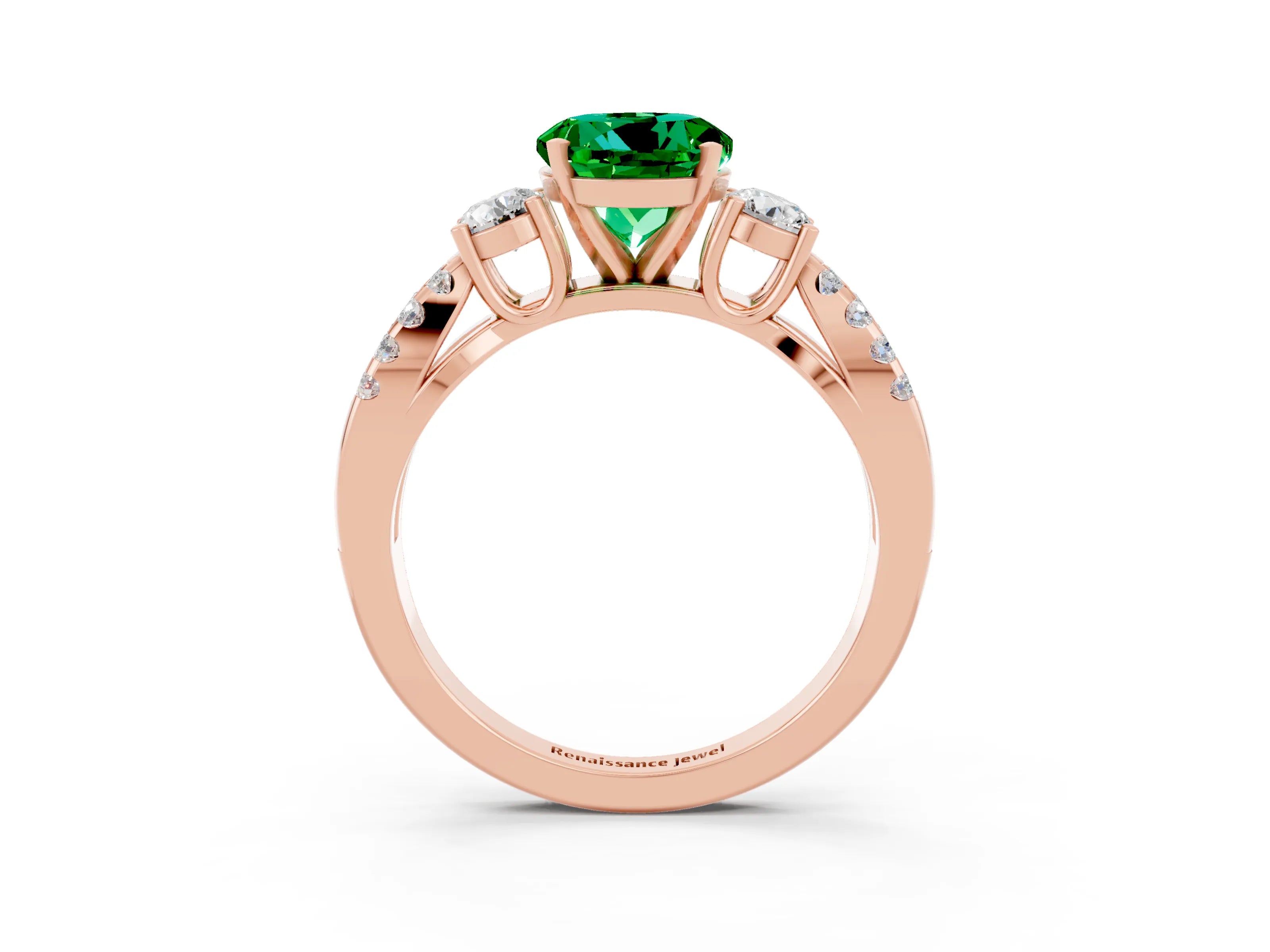 Rose gold Round Cut Emerald Three-Stone Ring with Pavé Split Shank and Four-Prong Setting_3