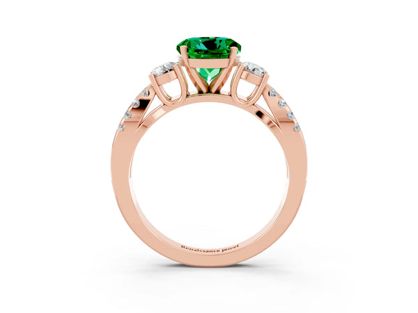 Rose gold Round Cut Emerald Three-Stone Ring with Pavé Split Shank and Four-Prong Setting