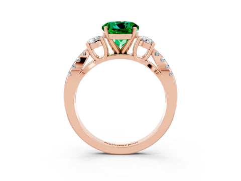 Rose gold Round Cut Emerald Three-Stone Ring with Pavé Split Shank and Four-Prong Setting_3