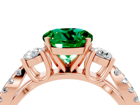 Rose gold Round Cut Emerald Three-Stone Ring with Pavé Split Shank and Four-Prong Setting_4