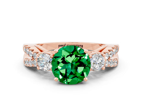 Rose gold Round Cut Emerald Three-Stone Ring with Pavé Split Shank and Four-Prong Setting