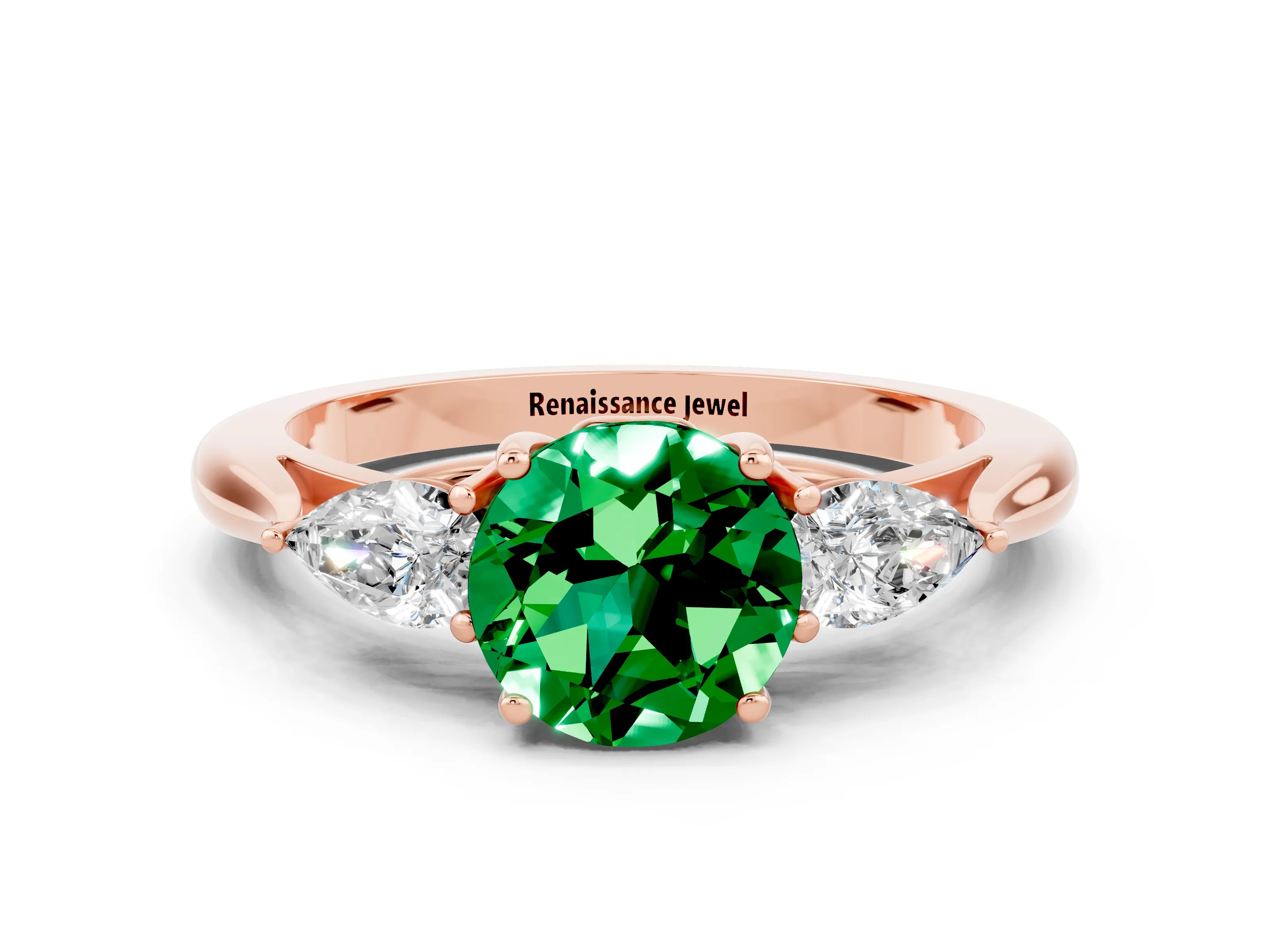 Rose gold Round Cut Emerald Three-Stone Ring with Pear Side Stones and Four-Prong Setting_12