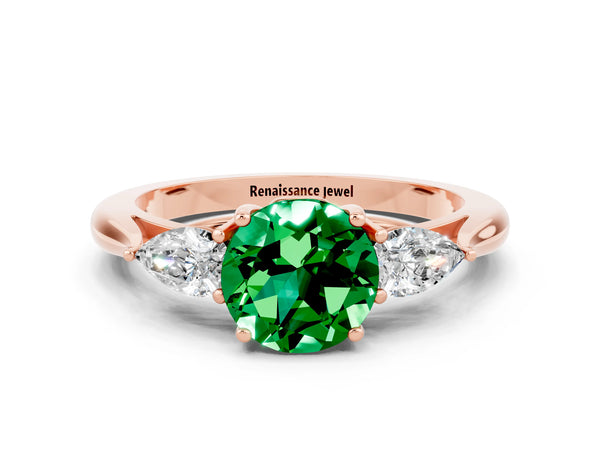 Rose gold Round Cut Emerald Three-Stone Ring with Pear  Side Stones and Prong Setting