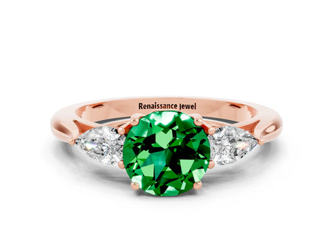 Rose gold Round Cut Emerald Three-Stone Ring with Pear Side Stones and Four-Prong Setting_12