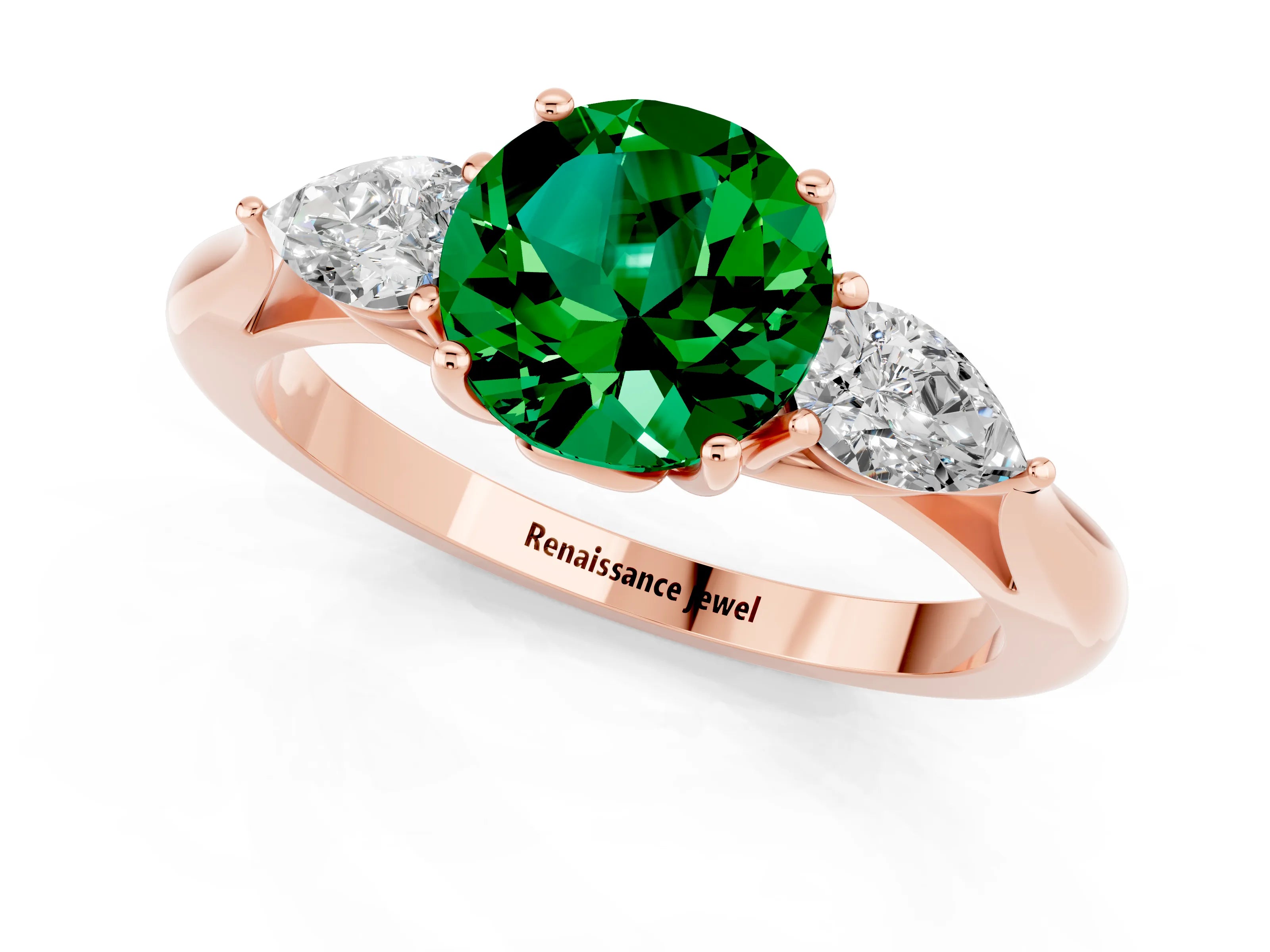 Rose gold Round Cut Emerald Three-Stone Ring with Pear Side Stones and Four-Prong Setting_13