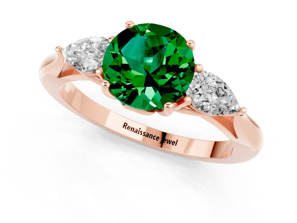 Rose gold Round Cut Emerald Three-Stone Ring with Pear  Side Stones and Prong Setting